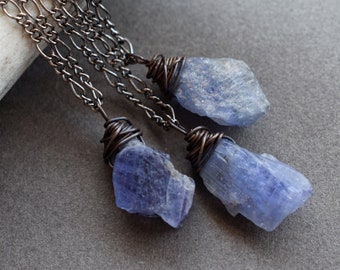 Mini Raw Tanzanite Necklace - Raw Gemstone Necklace - Boho Tanzanite Jewelry - Raw Stone Necklace - December Birthstone Pendant on Gunmetal