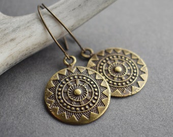 Bronze Coin Earrings - Bohemian Earrings - Brass Circle Earrings - Boho Dangle Earrings - Sun Earrings - Boho Jewelry - Mandala Earrings