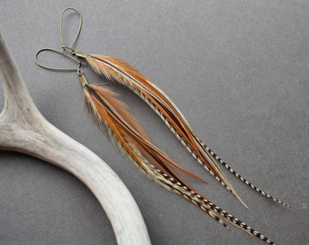 Rust Brown Feather Earrings - Natural Real Feather Jewelry - Boho Earrings Dangle - Long Feather Earrings - Burnt Orange Statement Earrings