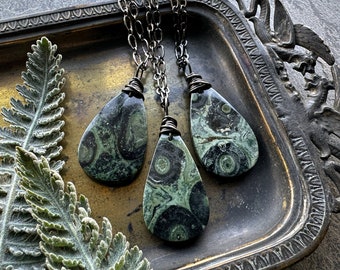 Kambaba Jasper Necklace, Boho Natural Stone Pendant, Witchy Green Gemstone Necklace, Grunge Fairycore Woodland Goth Pagan Wiccan Jewelry