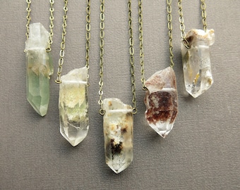 Raw Garden Quartz Necklace, Lodolite Phantom Quartz Crystal Pendant, Boho Jewelry