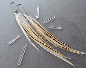 Blonde Feather Earrings - Boho Earrings Dangle - Natural Gold Off White Feather Jewelry - Real Long Feather Earrings - Statement Earrings
