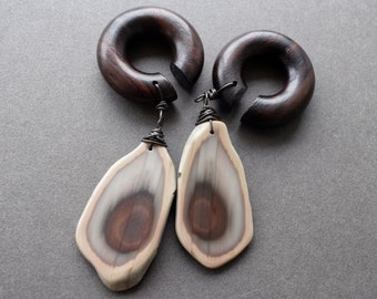 Imperial Jasper Stone Ear Hangers - Wood Plugs - Stone Ear Weights - Wood Hoop Gauges - Dangle Plugs - 4g 2g 0g 00g 12mm 14mm 16mm