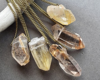 Raw Rutilated Quartz Necklace - Raw Crystal Necklace - Boho Crystal Talisman Necklace - Gold Rutile Quartz Jewelry - Raw Quartz Necklace