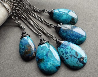 Shattuckite Chrysocolla Necklace, Blue Gemstone Necklace, Boho Chrysocolla Pendant, Quantum Quattro Azurite Jewelry, Witchy Stone Necklace