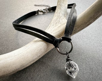 Mini Herkimer Diamond Choker, Raw Tibetan Clear Quartz Crystal Necklace, Dainty Black Leather O Ring Choker Collar, Gothic Witchy Jewelry