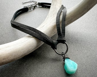 Amazonite Gemstone Choker, Teal Crystal Choker Collar, Gothic Black Leather Gunmetal O Ring Necklace, Boho Wiccan Pagan Witchy Stone Jewelry