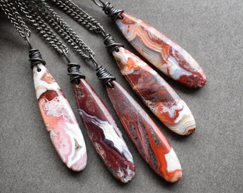 Crazy Lace Agate Necklace on Gunmetal Chain - Natural Red Pink Stone Pendant - Witchy Bohemian Boho Gemstone Jewelry