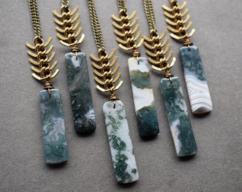 Moss Agate Necklace - Long Stone Necklace - Agate Stone Necklace - Raw Stone Jewelry - Green Stone Pendant - Bohemian Pendant