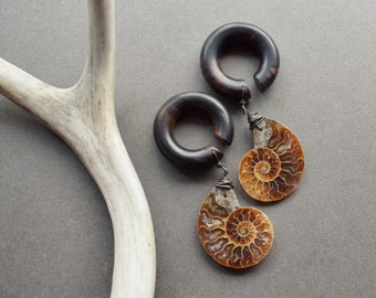 Ammonite Fossil Dangle Plugs, Organic Wood Gauges, Spiral Hoop Ear Weights, Real Natural Stone Plug Earrings 4g 2g 0g 00g 9/16 5/8 Inch