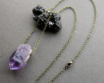Raw Amethyst Crystal Necklace, Natural Purple Gemstone Pendant, Boho Witchy Pagan Aesthetic, Real Stone Jewelry, Gift for Her