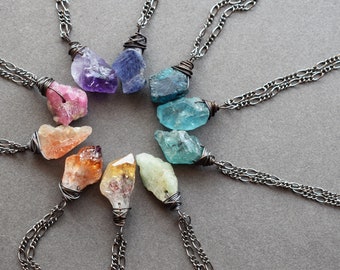 Mini Raw Crystal Necklace, Witchy Boho Gemstone Pendant, Pagan Wiccan Stone Jewelry, Natural Apatite Tanzanite Sunstone Amethyst Necklace