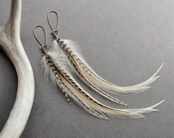 White Feather Earrings, Bridal Boho Earrings for Wedding, Natural Real Feather Earrings, Cream Off White Earrings, Long Statement Earrings