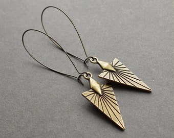 Sunburst Earrings - Brass Triangle Earrings - Arrow Dangle Earrings - Bohemian Festival Jewelry - Geometric Earrings Bronze Boho Earrings