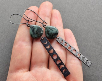 Black Moon Phase Earrings - Green Gemstone Earrings - Lunar Gothic Witch Jewelry - Stone Pagan Earrings - Witchy Full Crescent Moon Earrings