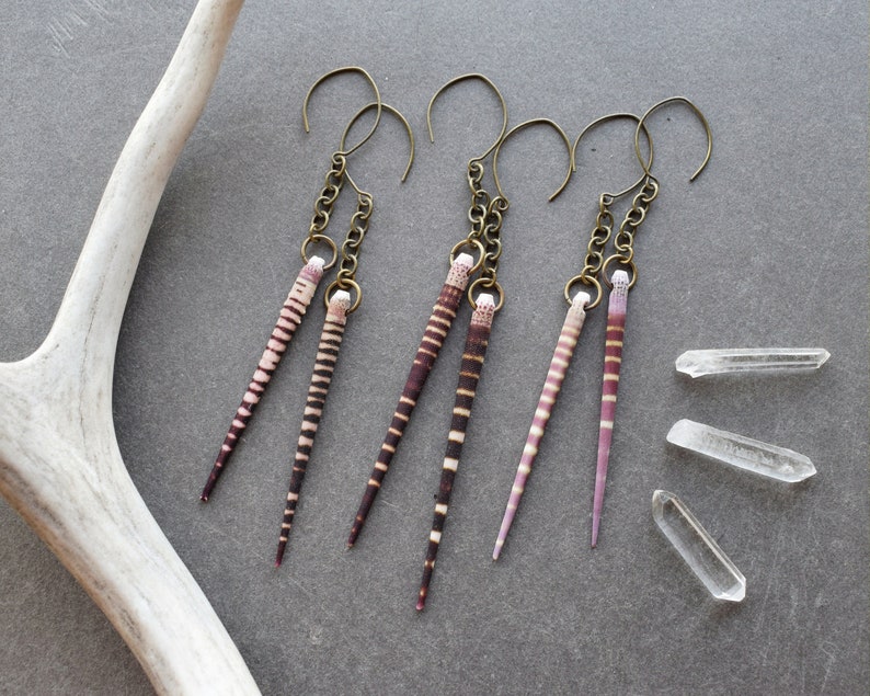 May include: Three pairs of earrings with long, thin, striped, seashell pendants. The earrings are made with brass chains and hooks. The seashells are a mix of pink and brown.
