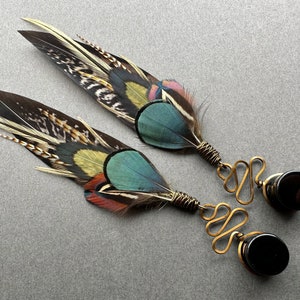 Feather Dangle Gauges, Brown Green Teal Ear Plugs, 2g 0g 00g 1/2 9/16 5/8 3/4 7/8 1 inch Bohemian Wood Stone Gauge Earrings, Wedding Tunnels image 7