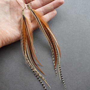 Rust Brown Feather Earrings Natural Real Feather Jewelry Boho Earrings Dangle Long Feather Earrings Burnt Orange Statement Earrings image 7