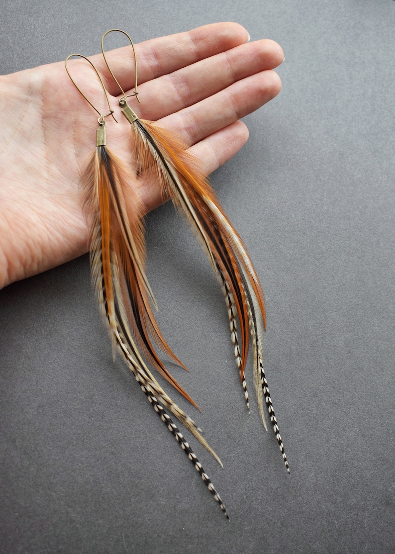 Rust Brown Feather Earrings Natural Real Feather Jewelry Boho Earrings Dangle Long Feather Earrings Burnt Orange Statement Earrings image 7