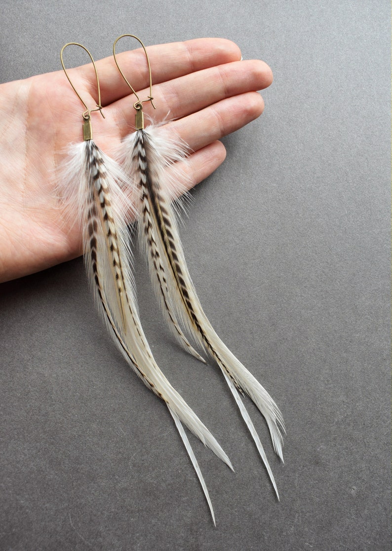 White Feather Earrings, Bridal Boho Earrings for Wedding, Natural Real Feather Earrings, Cream Off White Earrings, Long Statement Earrings image 3