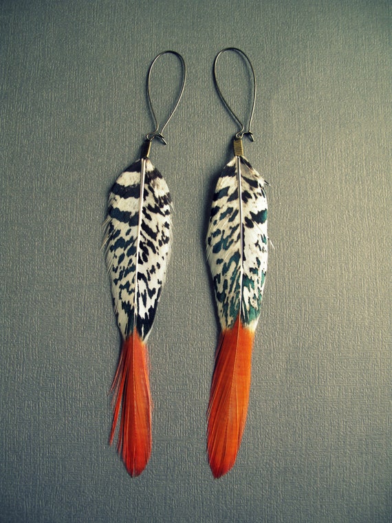 Long Feather Earrings, Black White and Orange Boho Dangle Earrings, Simple Bohemian Whimsigoth Jewelry