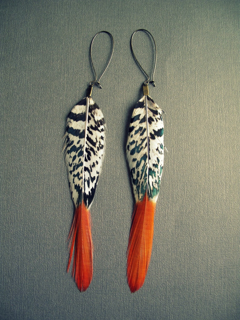 Long Feather Earrings, Black White and Orange Boho Dangle Earrings, Simple Bohemian Whimsigoth Jewelry image 1