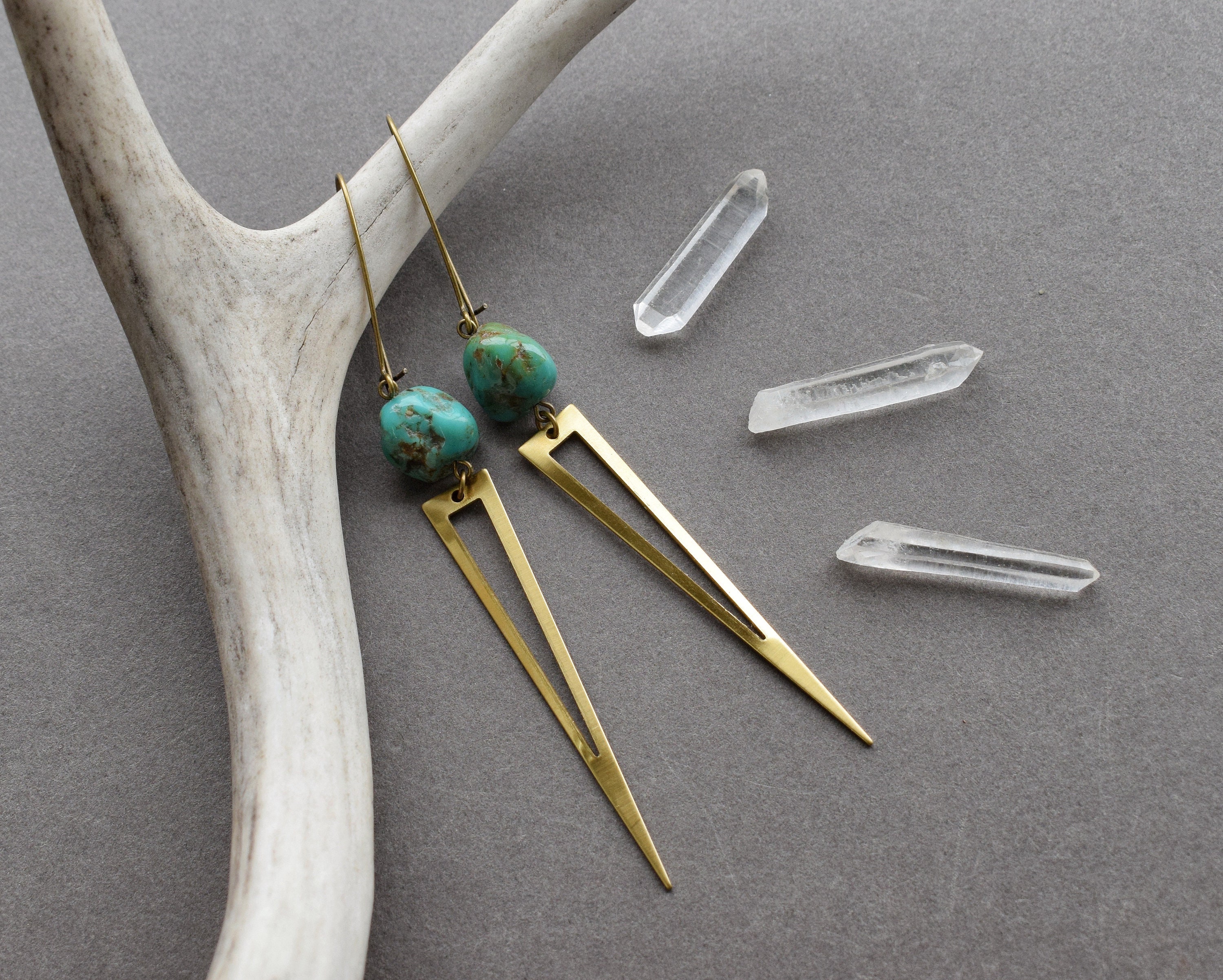 Long Turquoise Earrings Brass Geometric Earrings Boho | Etsy