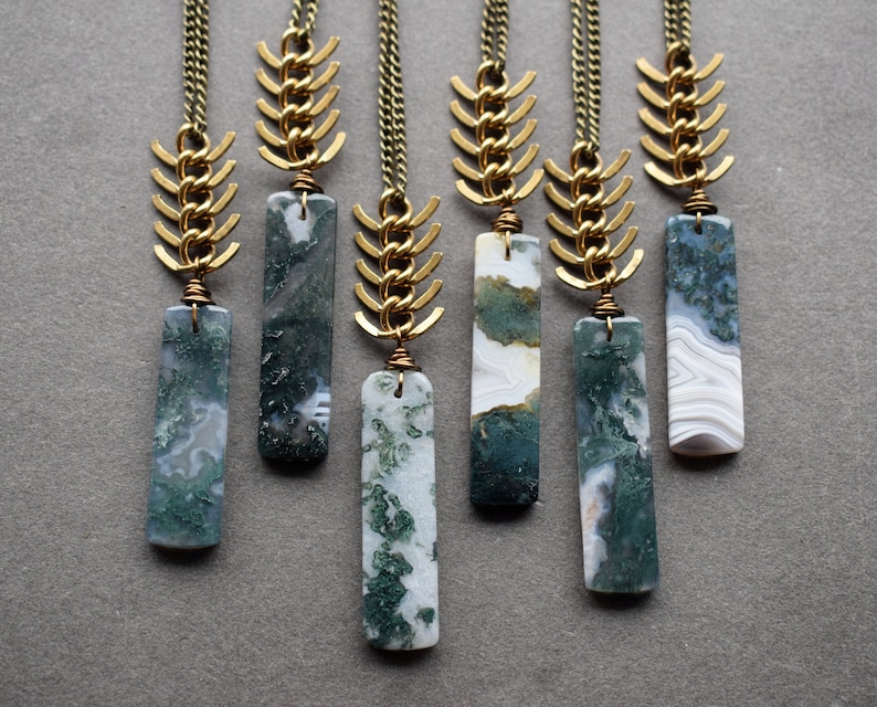 Moss Agate Necklace Long Stone Necklace Agate Stone Necklace Raw Stone Jewelry Green Stone Pendant Bohemian Pendant image 3