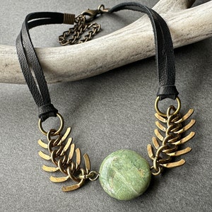 Green Opal Gemstone Choker Necklace, Black Leather Crystal Choker Collar w Brass Vertebrae Chain, 90s Alt Goth Aesthetic, Whimsigoth Jewelry