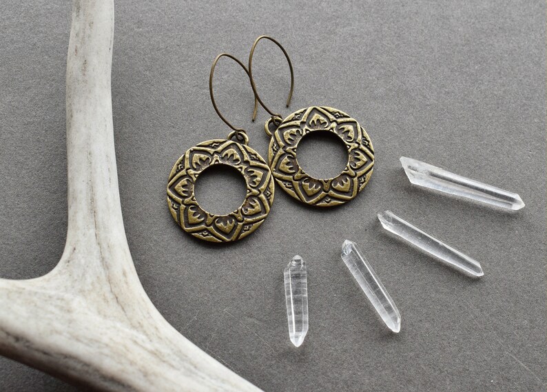 Lotus Flower Earrings Bronze Hoop Earrings Bohemian Brass Etsy