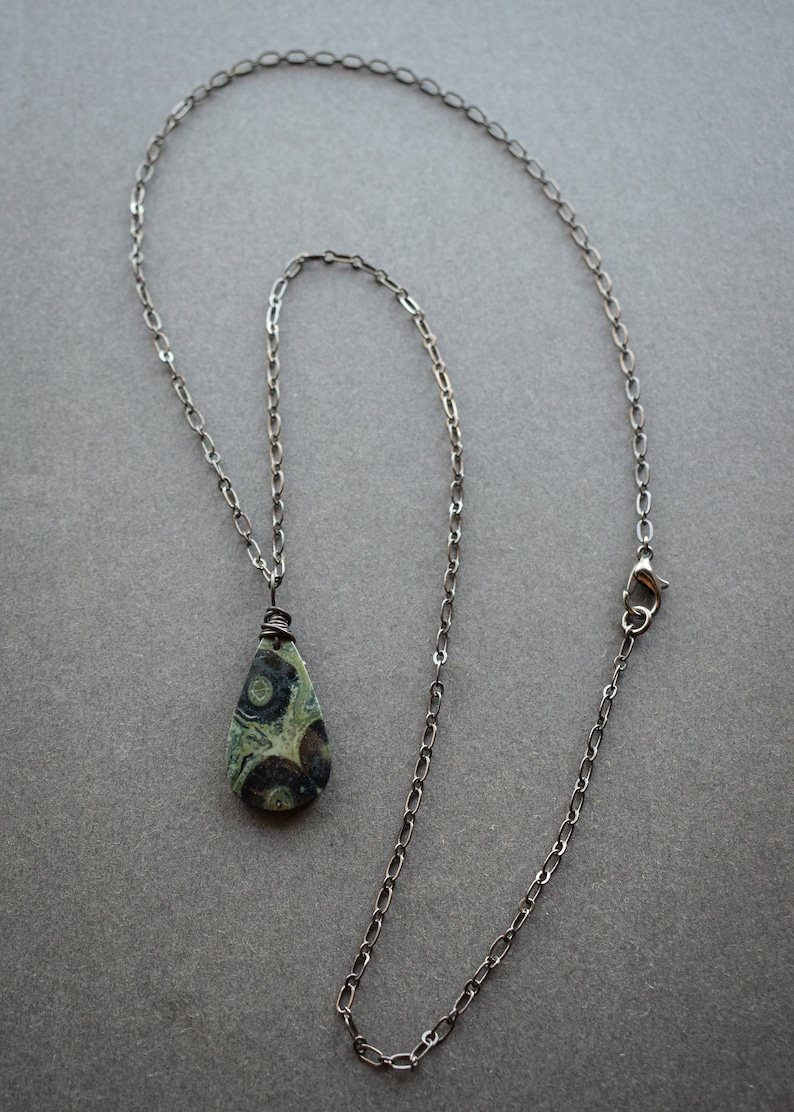 Kambaba Jasper Necklace, Boho Natural Stone Pendant, Witchy Green Gemstone Necklace, Grunge Fairycore Woodland Goth Pagan Wiccan Jewelry image 3