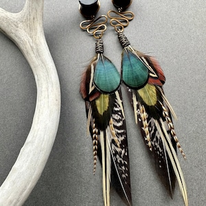 Feather Dangle Gauges, Bruin Groene Teal Oordoppen, 2g 0g 00g 1/2 9/16 5/8 3/4 7/8 1 inch Boho Wood Stone Gauge Oorbellen, Bruiloft Tunnels afbeelding 6