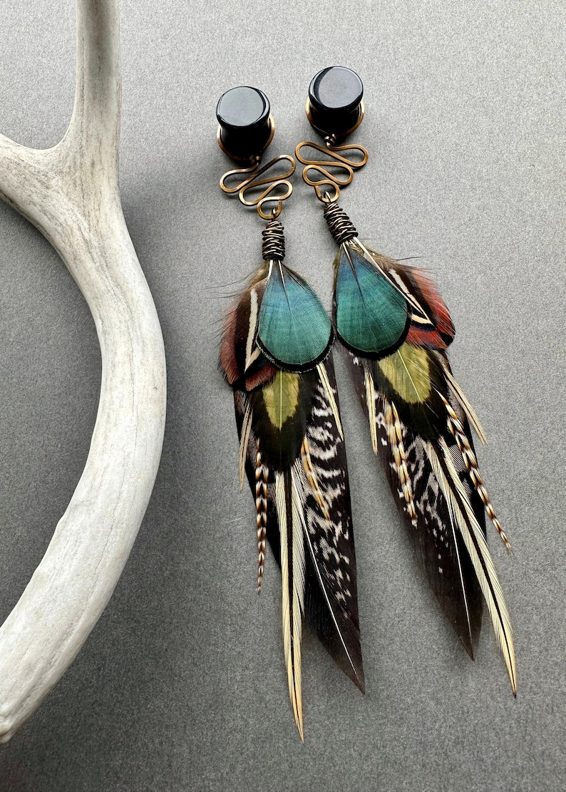 Feather Dangle Gauges, Brown Green Teal Ear Plugs, 2g 0g 00g 1/2 9/16 5/8 3/4 7/8 1 inch Bohemian Wood Stone Gauge Earrings, Wedding Tunnels image 6