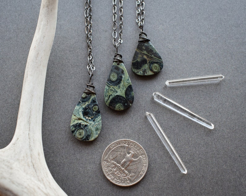 Kambaba Jasper Necklace, Boho Natural Stone Pendant, Witchy Green Gemstone Necklace, Grunge Fairycore Woodland Goth Pagan Wiccan Jewelry image 6