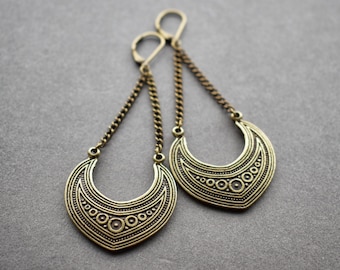 Boho Dangle Earrings - Long Bohemian Earrings - Festival Jewelry - Semicircle Earrings - Brass Statement Earrings - Bronze Tribal Earrings