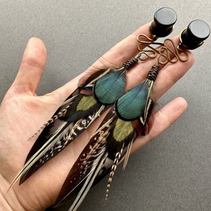 Feather Dangle Gauges, Brown Green Teal Ear Plugs, 2g 0g 00g 1/2 9/16 5/8 3/4 7/8 1 inch Bohemian Wood Stone Gauge Earrings, Wedding Tunnels image 2