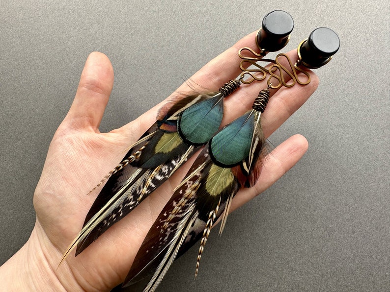 Feather Dangle Gauges, Brown Green Teal Ear Plugs, 2g 0g 00g 1/2 9/16 5/8 3/4 7/8 1 inch Bohemian Wood Stone Gauge Earrings, Wedding Tunnels image 2