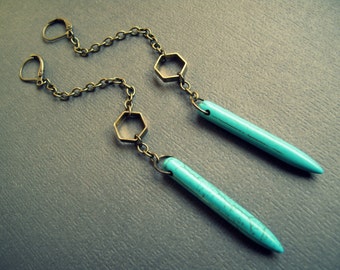 Spike Earrings - Brass Hexagon Earrings - Long Turquoise Howlite Earrings - Long Spike Earrings - Geometric Dangle Earrings - Boho Spikes