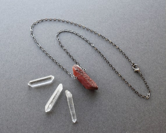 Druzy Hematoid Quartz Necklace, Natural Raw Red Crystal Necklace