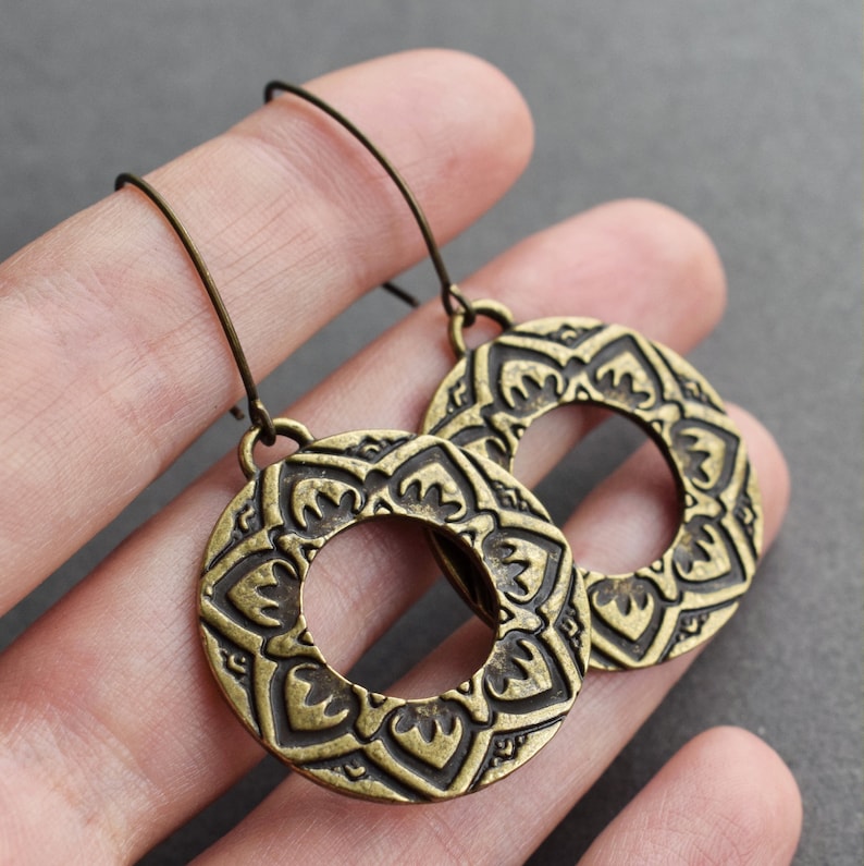 Lotus Flower Earrings Bronze Hoop Earrings Bohemian Brass Etsy