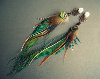 Peacock Feather Dangle Plugs, Green Blue Brown Ear Gauges,  2g 0g 00g 1/2 14mm 5/8 3/4 7/8 1 inch Stone Gauge Earrings, Boho Wood Tunnels