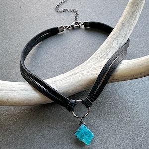 Blue Apatite Choker Necklace, Dainty Black Leather Goth Choker with Raw Crystal, Boho Witchy Gemstone Jewelry, Wiccan Pagan Whimsigoth image 4
