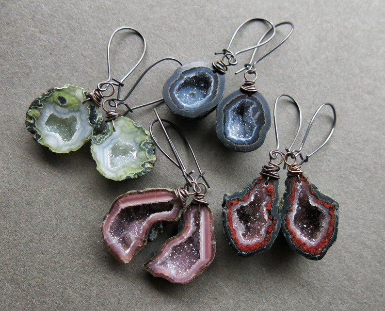 Tabasco Geode Earrings, Raw Gemstone Earrings, Pagan Crystal Druzy Earrings, Witchy Earrings, Boho Wiccan Jewelry, Raw Stone Earrings image 1