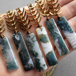 Moss Agate Necklace Long Stone Necklace Agate Stone Necklace Raw Stone Jewelry Green Stone Pendant Bohemian Pendant image 2