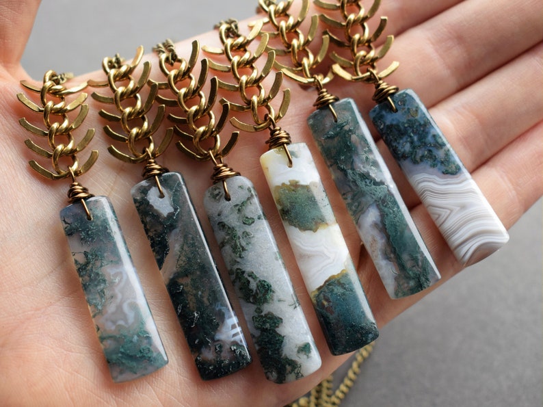 Moss Agate Necklace Long Stone Necklace Agate Stone Necklace Raw Stone Jewelry Green Stone Pendant Bohemian Pendant image 2