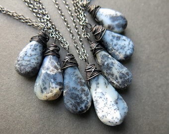 Dendritic Opal Necklace - Talisman Necklace - Raw Stone Necklace - Stone Amulet - Raw Stone Jewelry - Gunmetal Necklace - Boho Stone Pendant