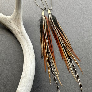 Rust Brown Feather Earrings Natural Real Feather Jewelry Boho Earrings Dangle Long Feather Earrings Burnt Orange Statement Earrings image 3