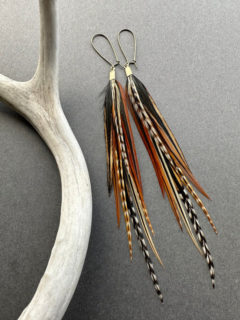 Rust Brown Feather Earrings Natural Real Feather Jewelry Boho Earrings Dangle Long Feather Earrings Burnt Orange Statement Earrings image 3