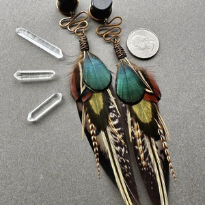 Feather Dangle Gauges, Brown Green Teal Ear Plugs, 2g 0g 00g 1/2 9/16 5/8 3/4 7/8 1 inch Bohemian Wood Stone Gauge Earrings, Wedding Tunnels image 3