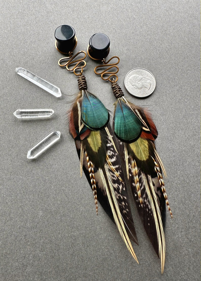 Feather Dangle Gauges, Brown Green Teal Ear Plugs, 2g 0g 00g 1/2 9/16 5/8 3/4 7/8 1 inch Bohemian Wood Stone Gauge Earrings, Wedding Tunnels image 3